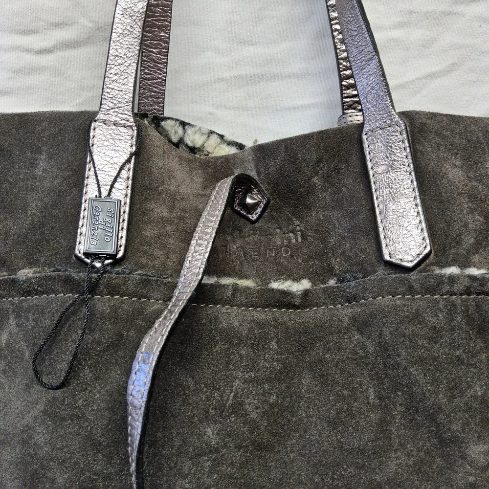 Baldinini Trend‎ Tote Bag Womens Large Gray Suede Shearling Italy Metallic